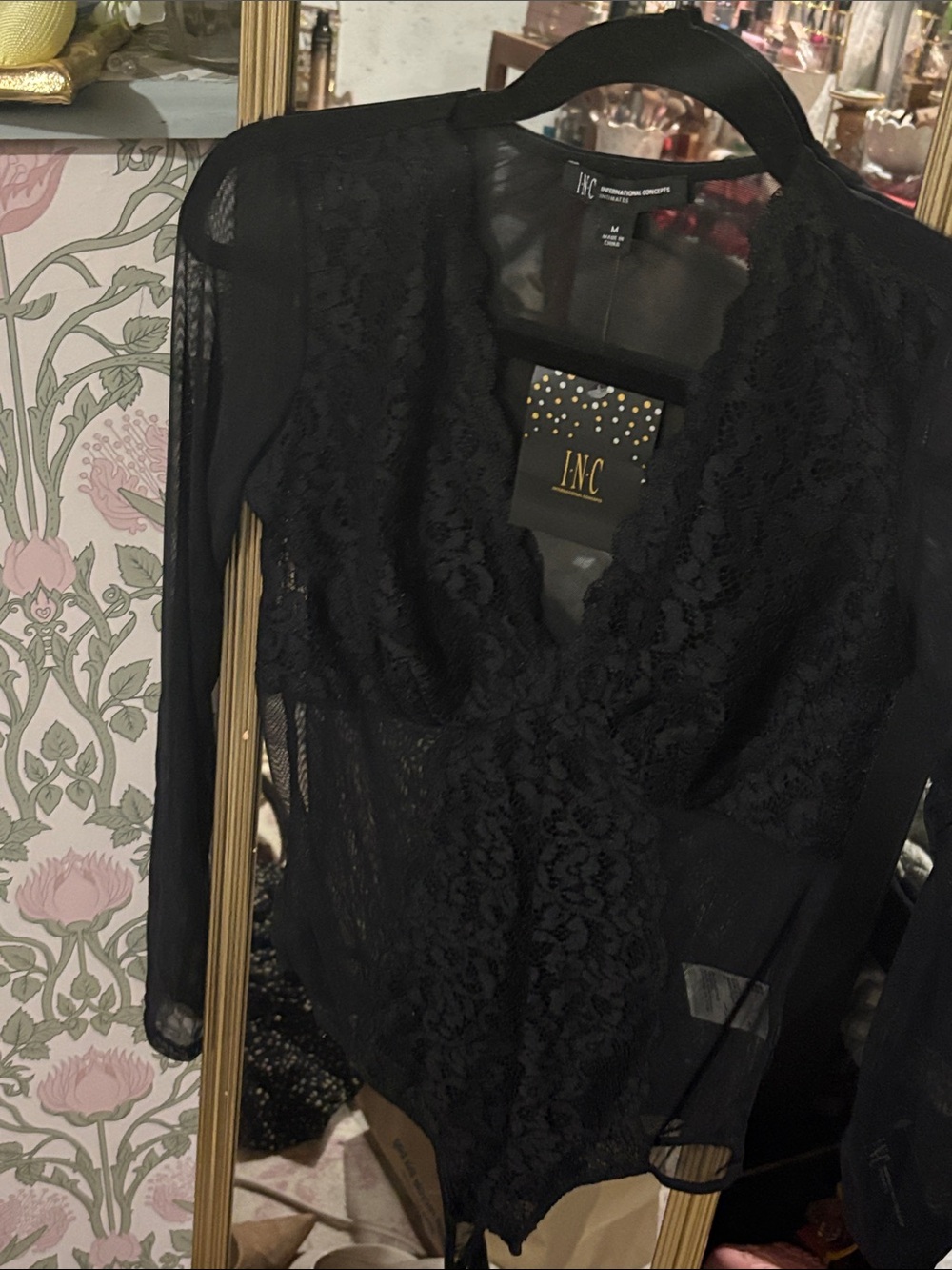 INC International Concepts Black Lace Long-Sleeve Bodysuit